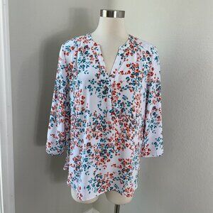 NYDJ Womens Large Floral Split Neck Blouse Long Sleeve Pleated Back Shirt Top